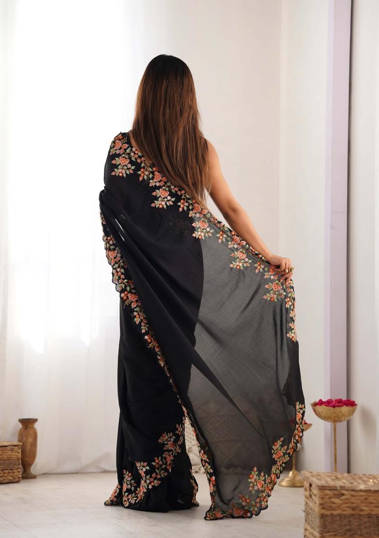 Black Embroidered Vichitra Silk Saree Set