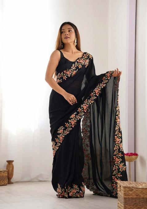 Black Embroidered Vichitra Silk Saree Set