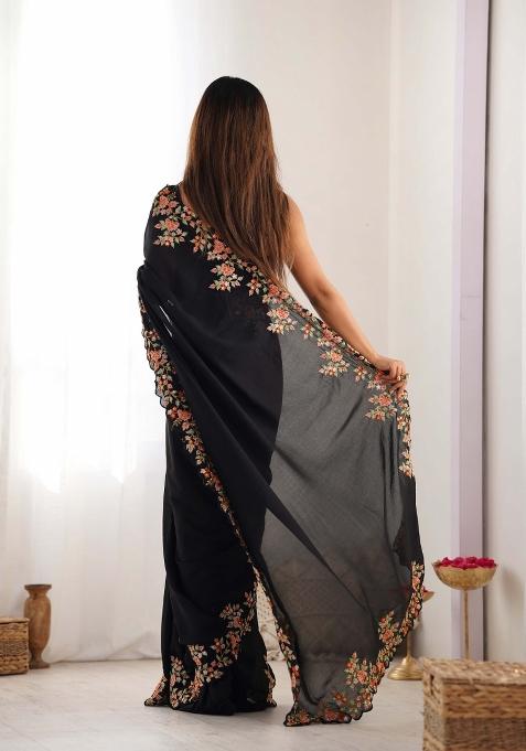 Black Embroidered Vichitra Silk Saree Set