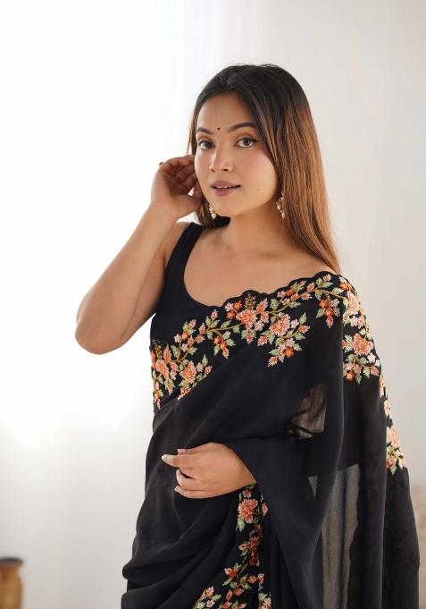 Black Embroidered Vichitra Silk Saree Set