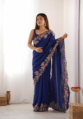 Navy Blue Embroidered Vichitra Silk Saree Set