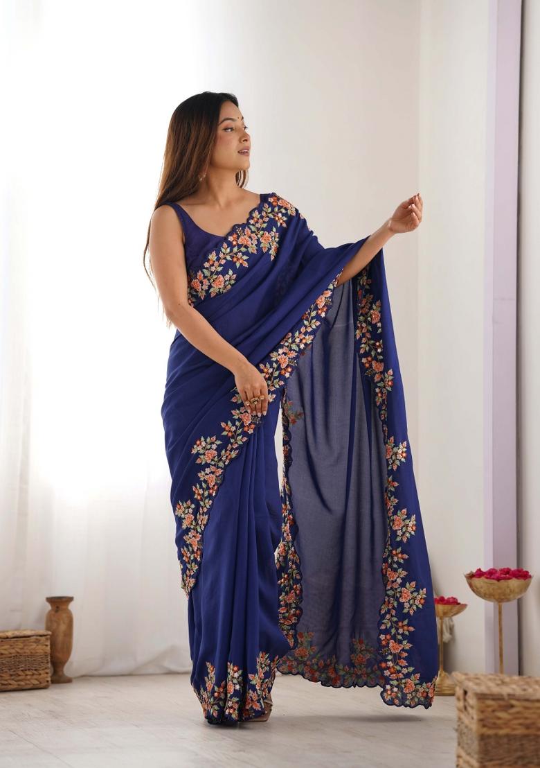 Navy Blue Embroidered Vichitra Silk Saree Set