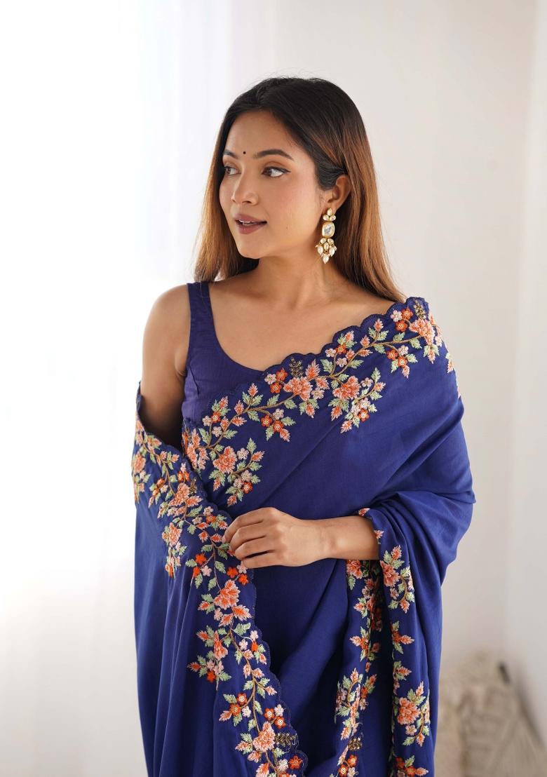 Navy Blue Embroidered Vichitra Silk Saree Set