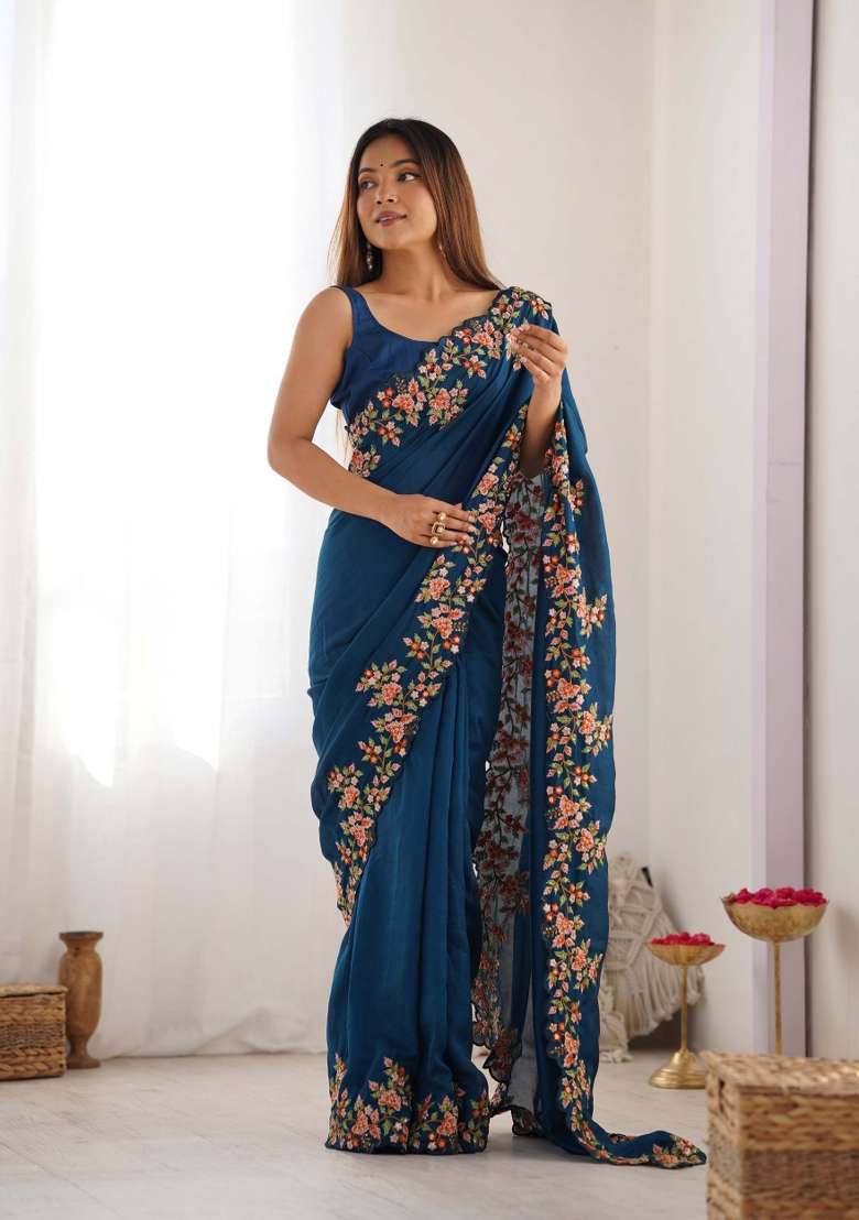Teal Blue Embroidered Vichitra Silk Saree Set - Indya