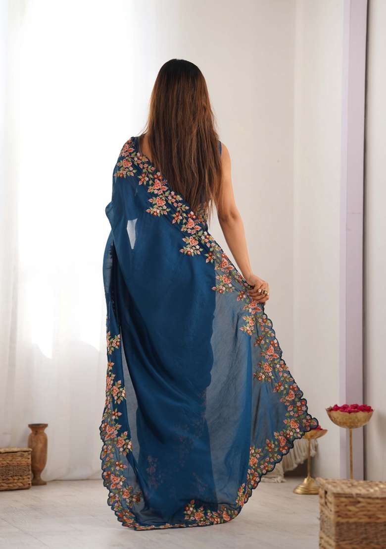 Teal Blue Embroidered Vichitra Silk Saree Set - Indya