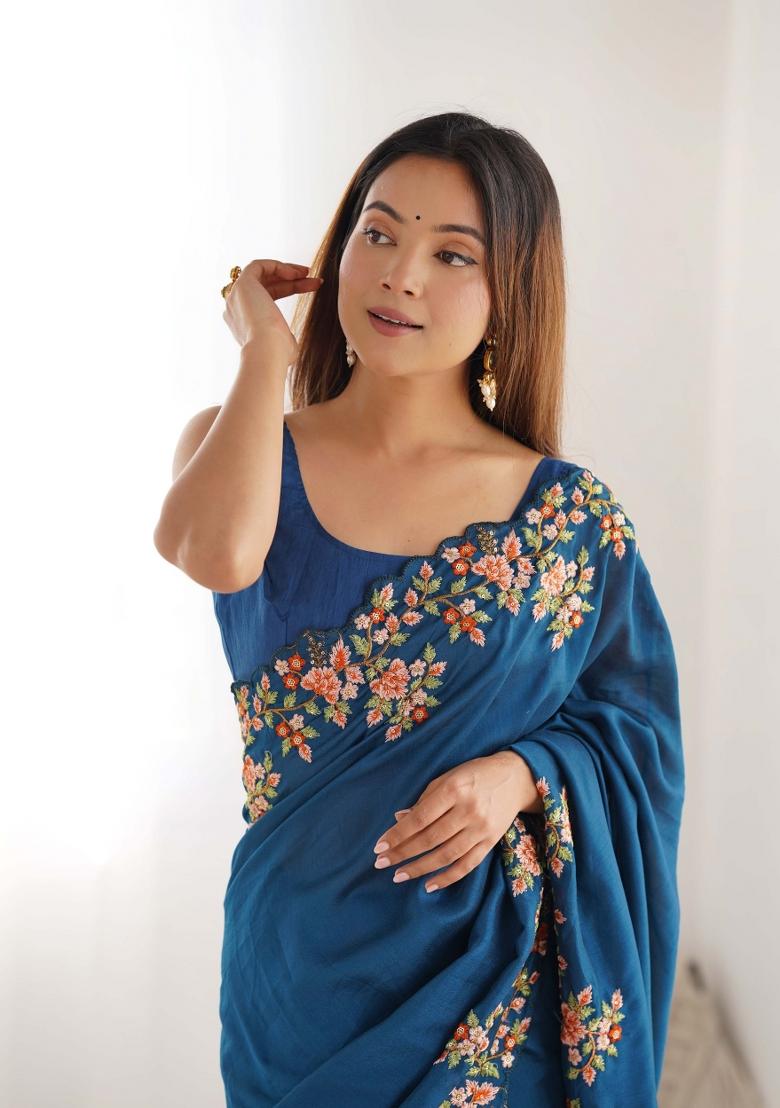 Teal Blue Embroidered Vichitra Silk Saree Set