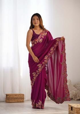 Wine Embroidered Vichitra Silk Saree Set