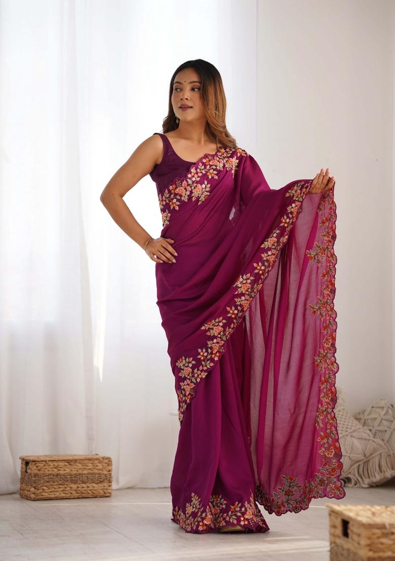Wine Embroidered Vichitra Silk Saree Set