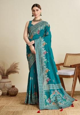 Rama Green Designer Table Printed And Foil Cotton Saree Set
