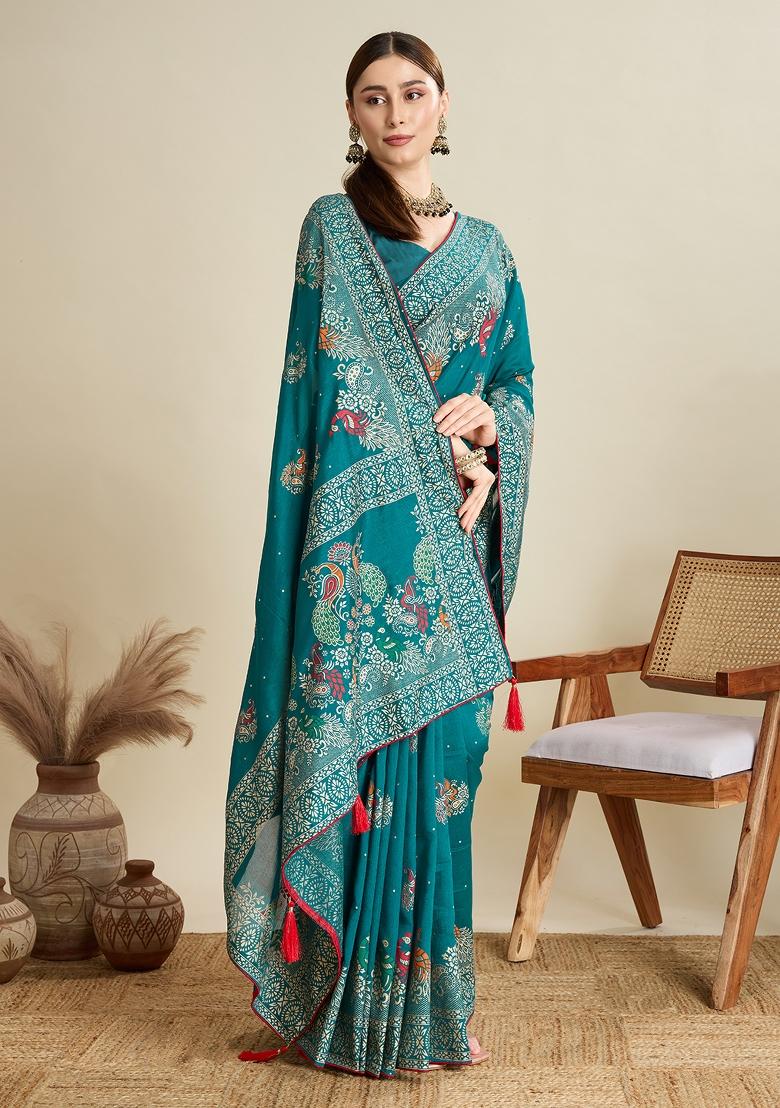 Rama Green Designer Table Printed And Foil Cotton Saree Set