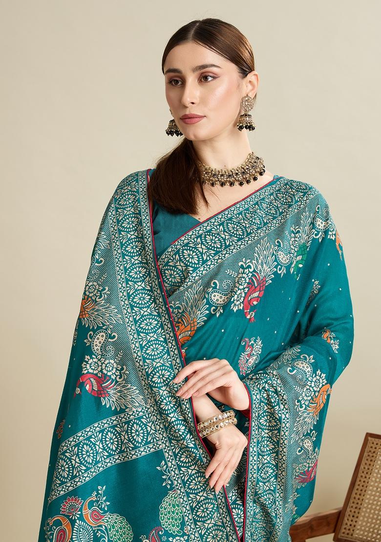 Rama Green Designer Table Printed And Foil Cotton Saree Set