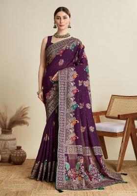 Wine Designer Table Printed And Foil Cotton Saree Set