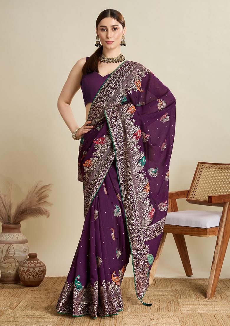 Wine Designer Table Printed And Foil Cotton Saree Set