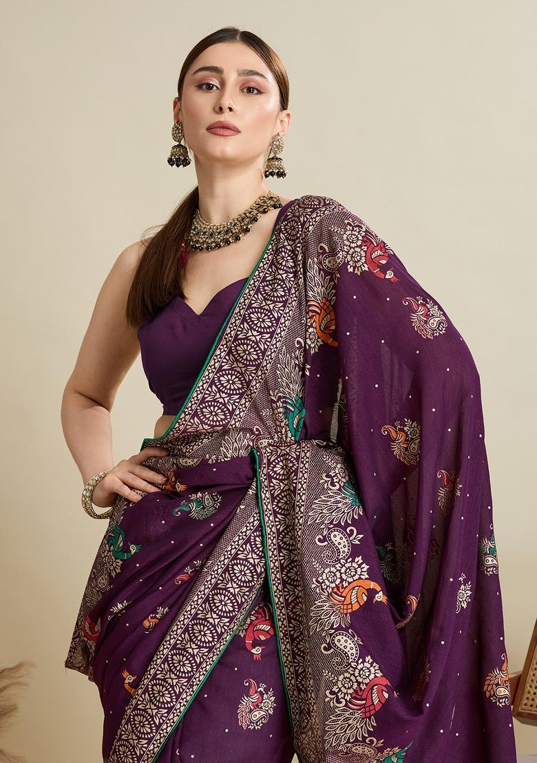 Wine Designer Table Printed And Foil Cotton Saree Set