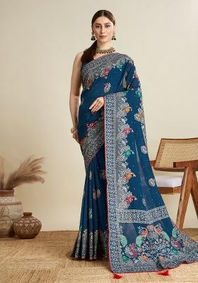 Blue Designer Table Printed And Foil Cotton Saree Set