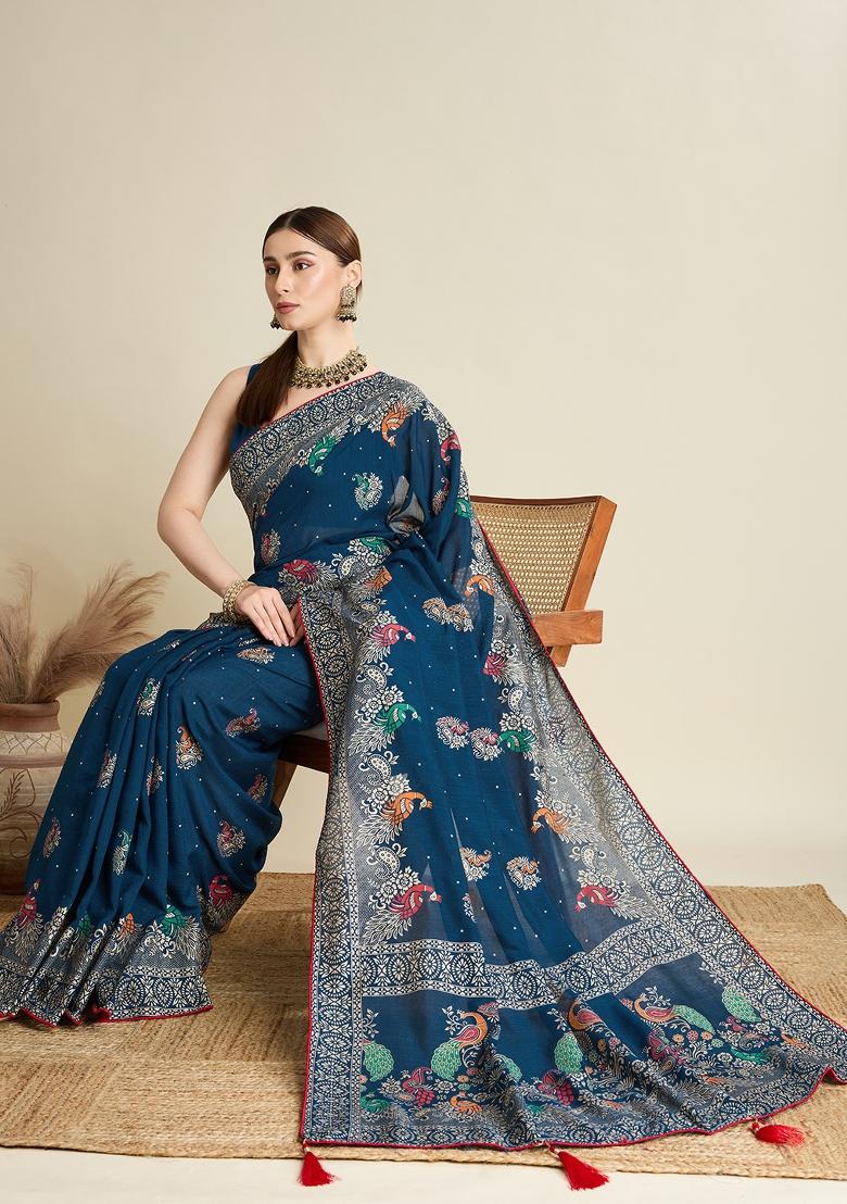 Blue Designer Table Printed And Foil Cotton Saree Set