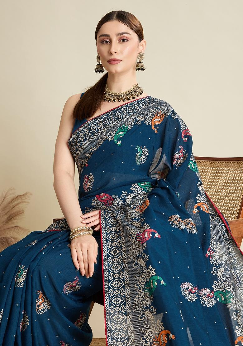 Blue Designer Table Printed And Foil Cotton Saree Set