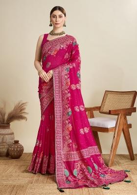 Pink Designer Table Printed And Foil Cotton Saree Set
