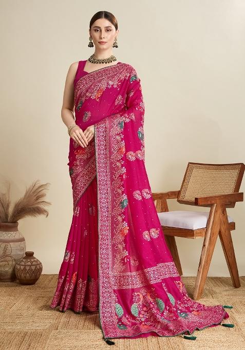 Pink Designer Table Printed And Foil Cotton Saree Set