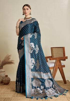 Teal Blue Two Tone And Wevon Jari Designer Satin Silk Saree Set