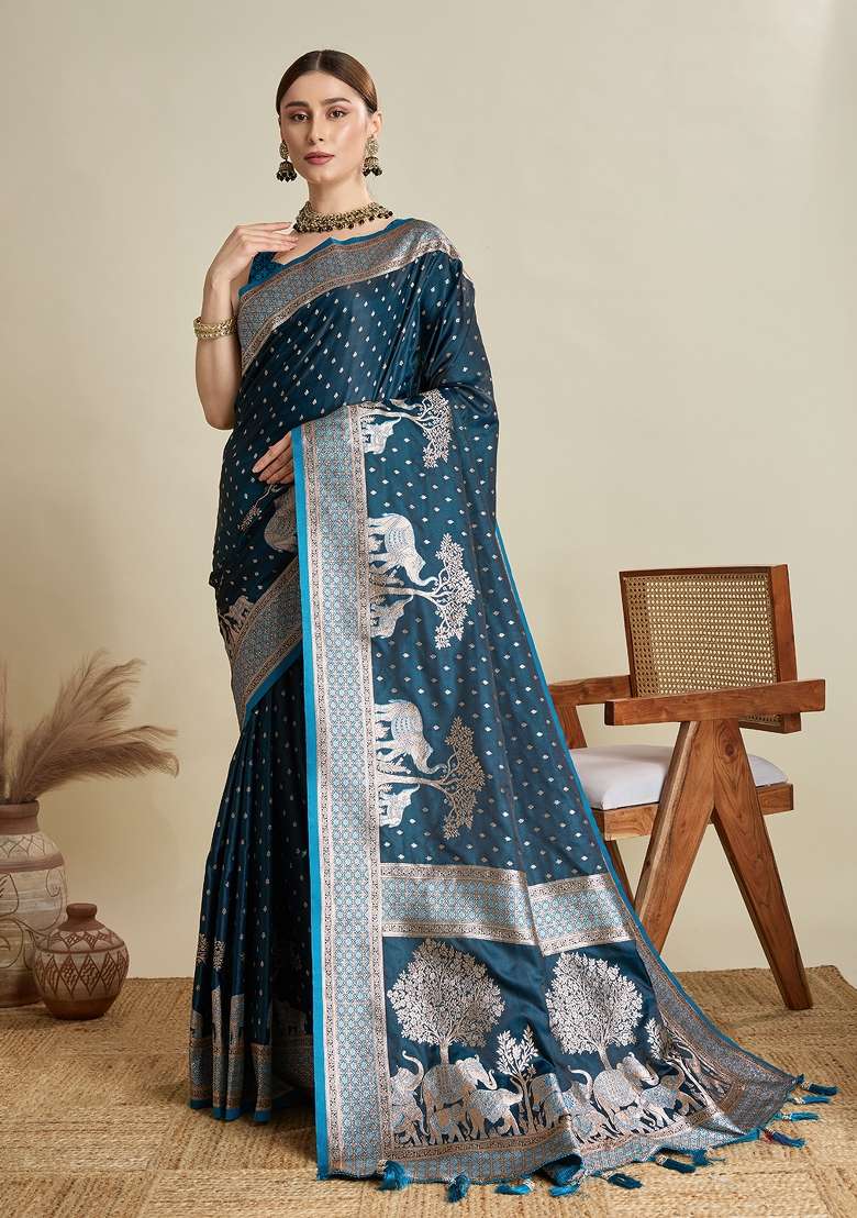 Teal Blue Two Tone And Wevon Jari Designer Satin Silk Saree Set - Indya