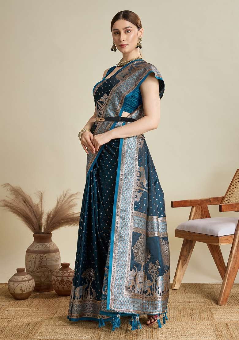 Teal Blue Two Tone And Wevon Jari Designer Satin Silk Saree Set - Indya