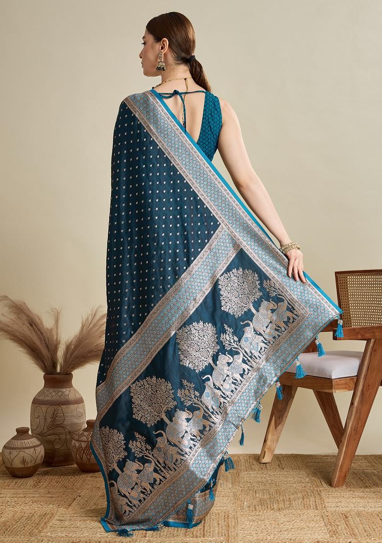 Teal Blue Two Tone And Wevon Jari Designer Satin Silk Saree Set