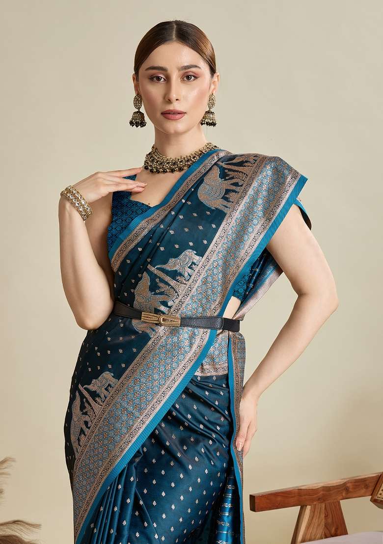 Teal Blue Two Tone And Wevon Jari Designer Satin Silk Saree Set - Indya