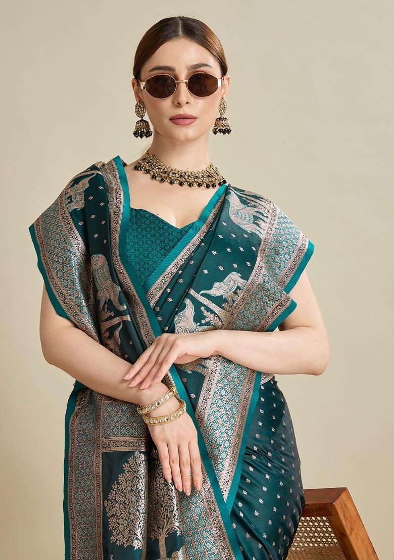 Rama Green Two Tone And Wevon Jari Designer Satin Silk Saree Set