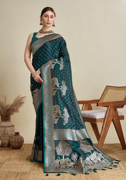 Rama Green Two Tone And Wevon Jari Designer Satin Silk Saree Set