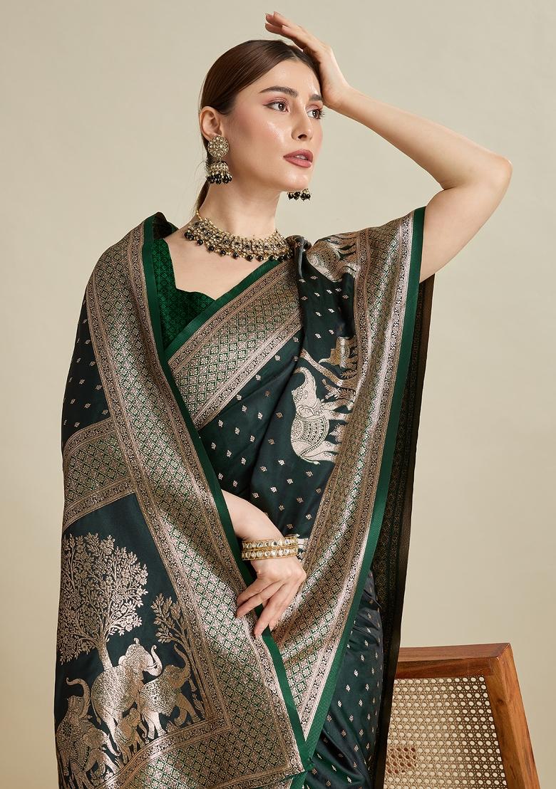 Green Two Tone And Wevon Jari Designer Satin Silk Saree Set