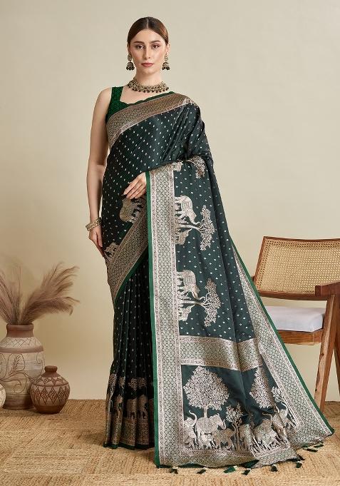 Green Two Tone And Wevon Jari Designer Satin Silk Saree Set