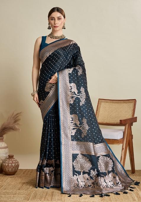 Blue Two Tone And Wevon Jari Designer Satin Silk Saree Set