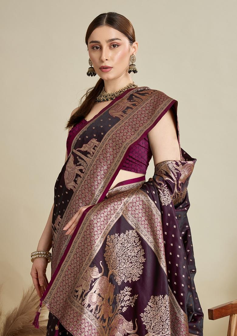 Wine Two Tone And Wevon Jari Designer Satin Silk Saree Set