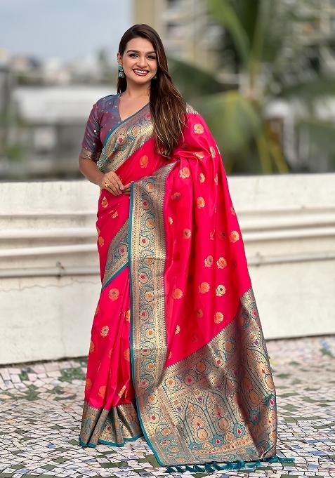Red Wevon Meenakari Designer Soft Silk Saree Set