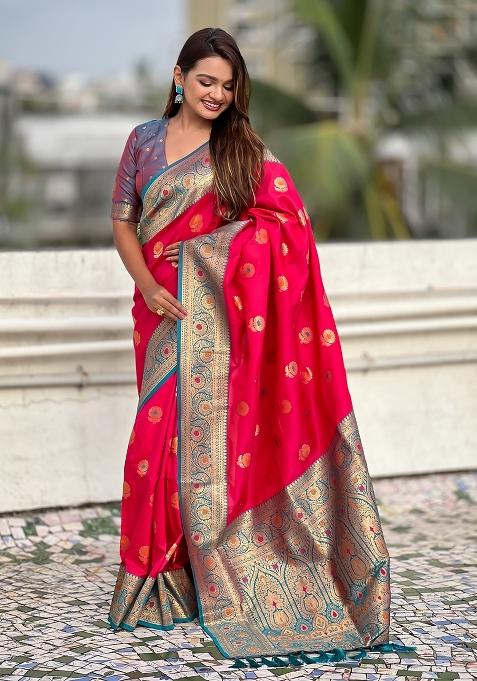 Red Wevon Meenakari Designer Soft Silk Saree Set