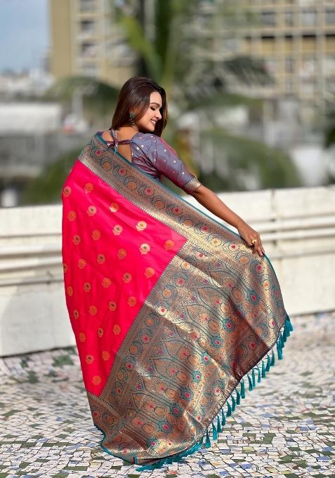 Red Wevon Meenakari Designer Soft Silk Saree Set