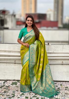 Mehendi Green Wevon Meenakari Designer Soft Silk Saree Set