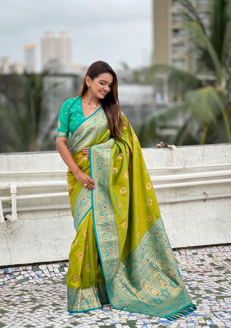 Mehendi Green Wevon Meenakari Designer Soft Silk Saree Set