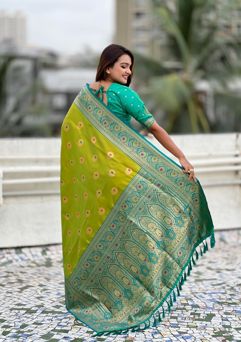 Mehendi Green Wevon Meenakari Designer Soft Silk Saree Set