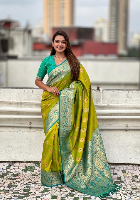 Mehendi Green Wevon Meenakari Designer Soft Silk Saree Set