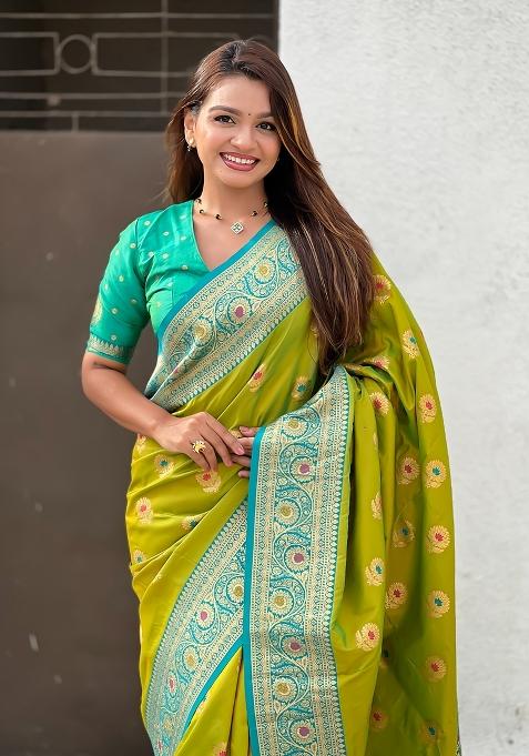 Mehendi Green Wevon Meenakari Designer Soft Silk Saree Set