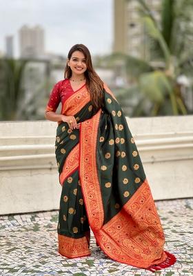 Green Wevon Meenakari Designer Soft Silk Saree Set
