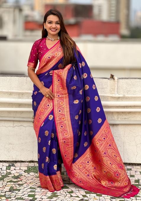 Voilet Wevon Meenakari Designer Soft Silk Saree Set