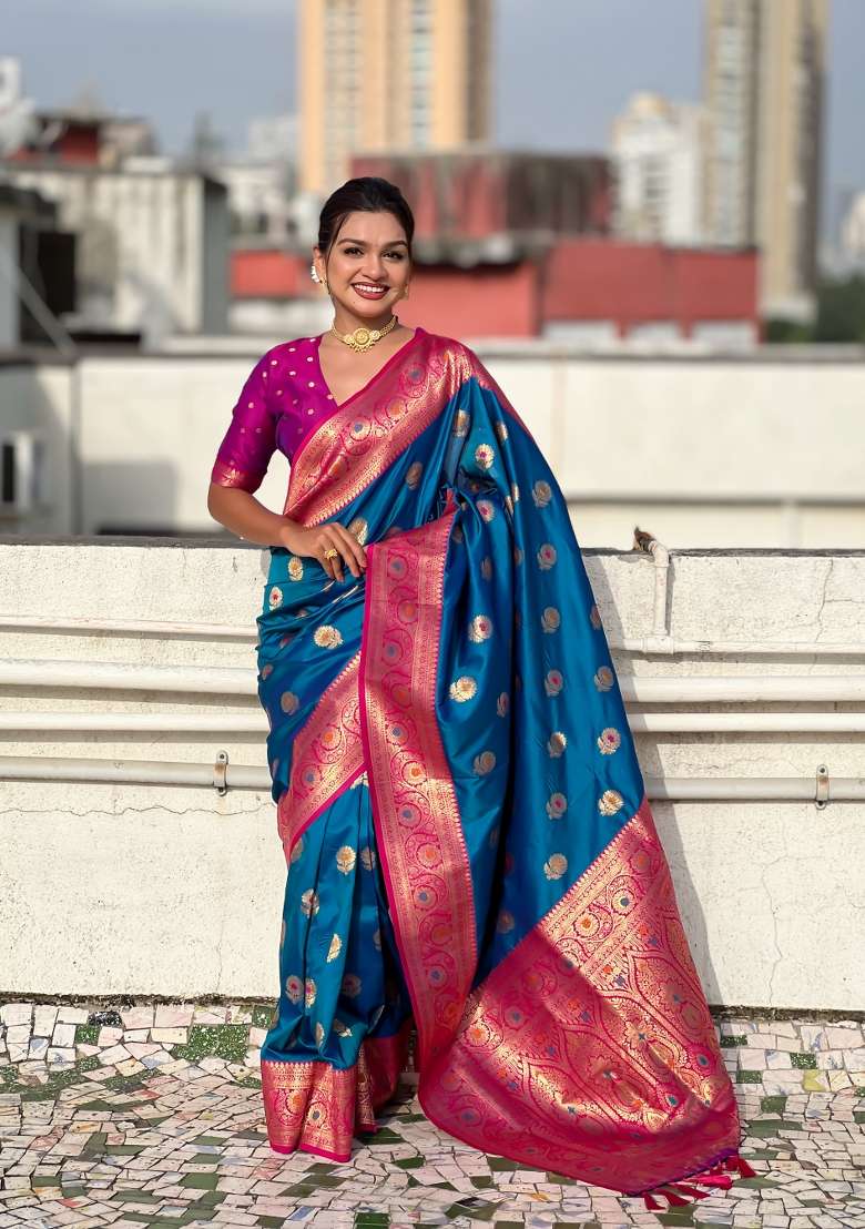 Sky Blue Wevon Meenakari Designer Soft Silk Saree Set - Indya
