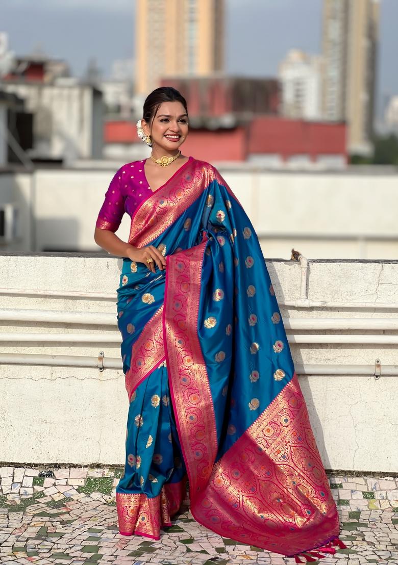 Sky Blue Wevon Meenakari Designer Soft Silk Saree Set