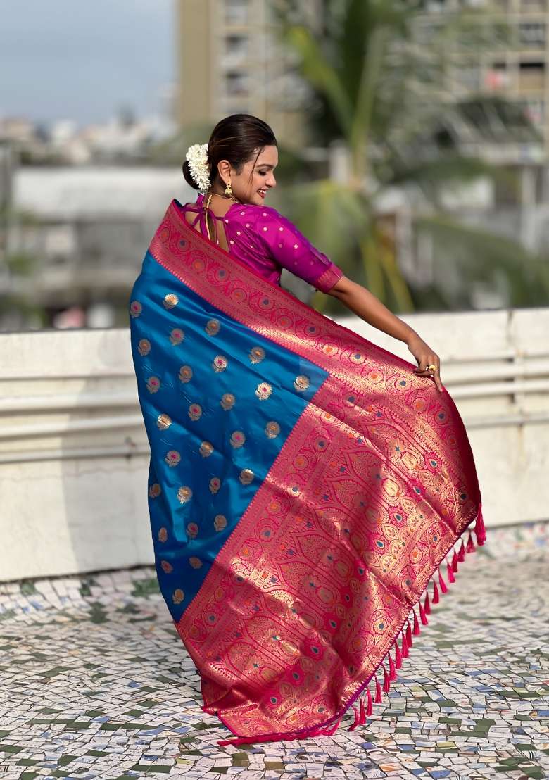 Sky Blue Wevon Meenakari Designer Soft Silk Saree Set - Indya