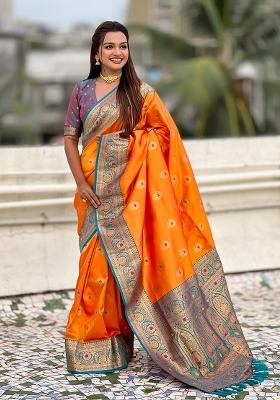Orange Wevon Meenakari Designer Soft Silk Saree Set