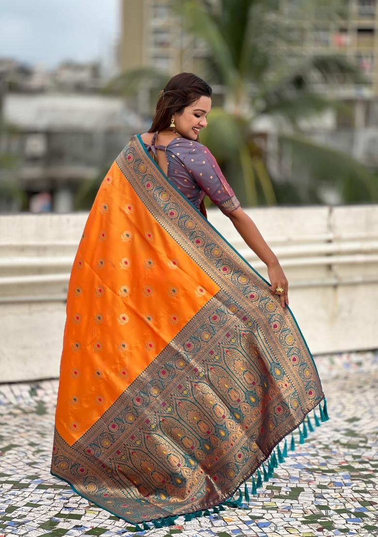 Orange Wevon Meenakari Designer Soft Silk Saree Set