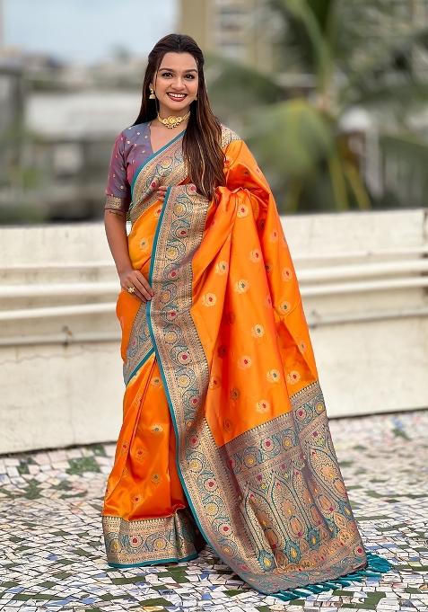 Orange Wevon Meenakari Designer Soft Silk Saree Set